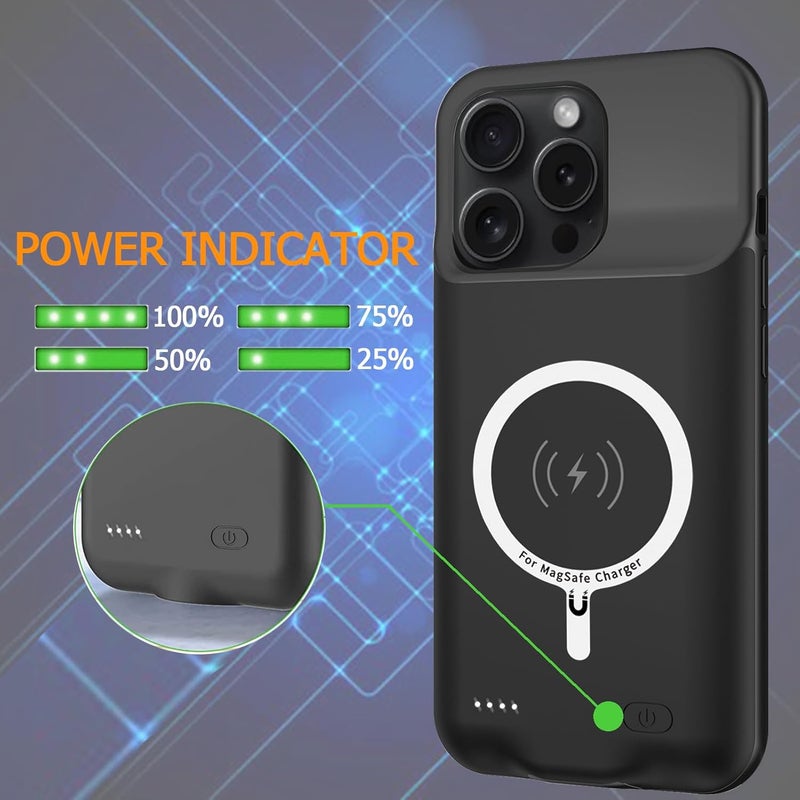 KCKEBLM Battery Case for iPhone 15 Pro Max, Full Encircle 12000mAh Capacity Rechargeable Portable Charger Case Extended Battery Pack for iPhone 15 Pro Max(6.7 inch) Wireless Charging Case with Carplay-Black - Image 4